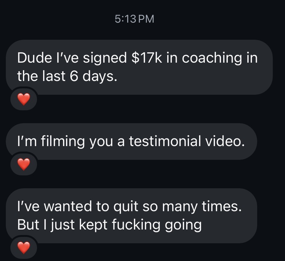 Student signed $17K in coaching in the last 6 days
